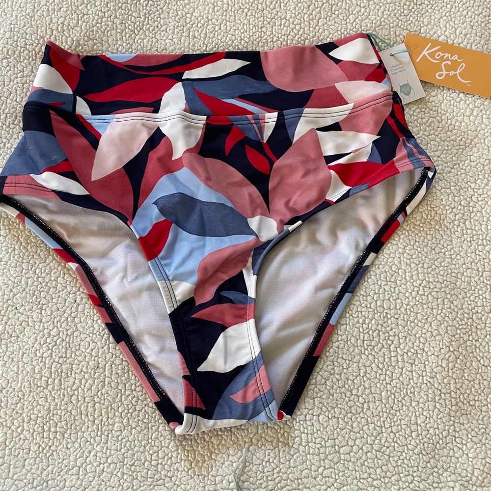 Kona Sol Women's Size XS 0/2 High Waist High Coverage Bikini Bottom-Blue Floral.